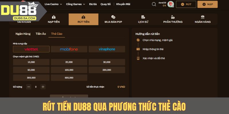Rút tiền DU88 qua phương thức thẻ cào 